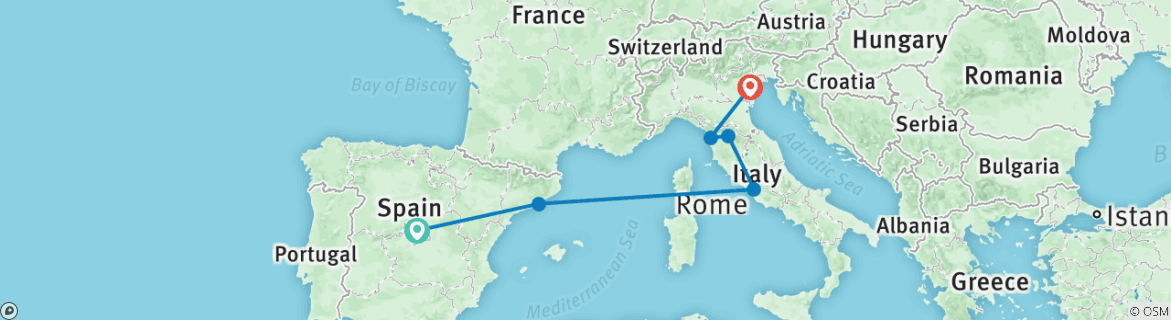 Image of a map showing the route of the tour
