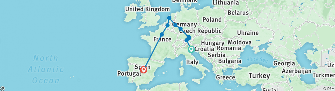 Image of a map showing the route of the tour