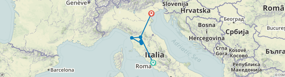 Image of a map showing the route of the tour