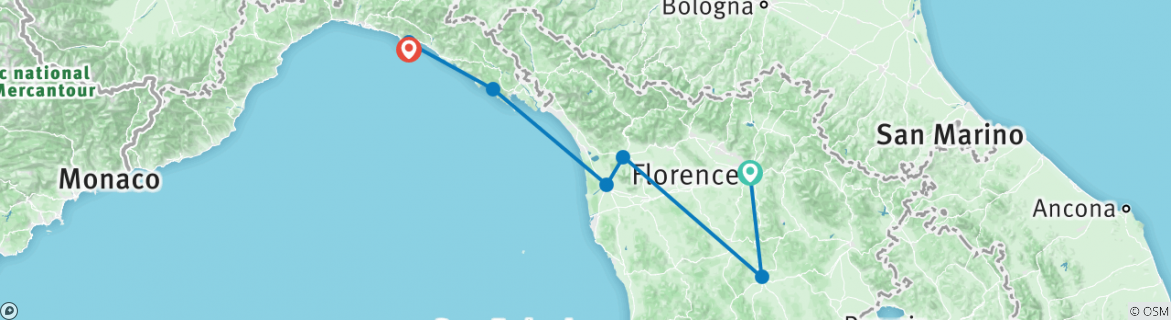 Image of a map showing the route of the tour