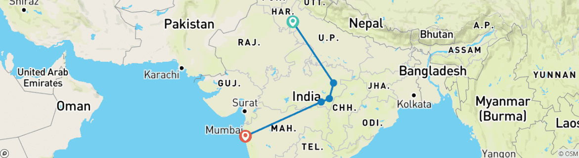 Image of a map showing the route of the tour