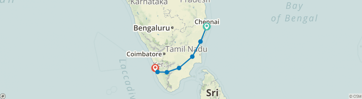 Image of a map showing the route of the tour