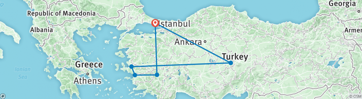 Image of a map showing the route of the tour