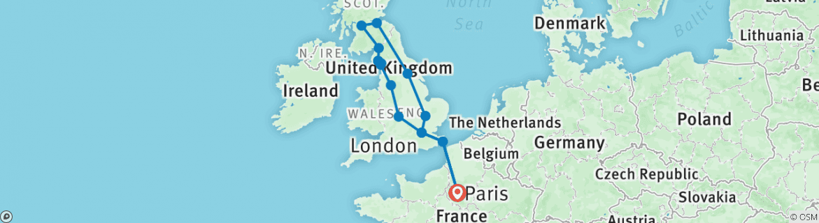 Image of a map showing the route of the tour