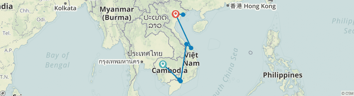 Image of a map showing the route of the tour