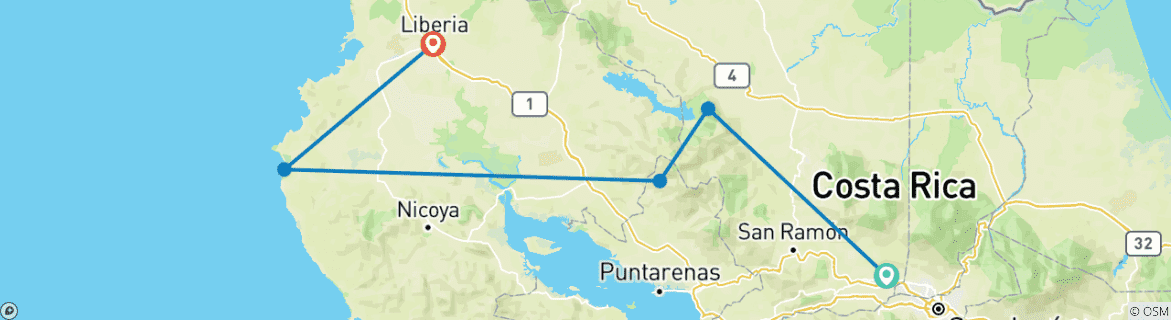 Image of a map showing the route of the tour