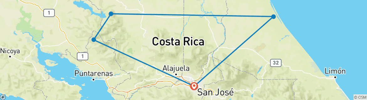 Image of a map showing the route of the tour