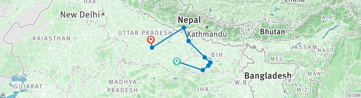 Image of a map showing the route of the tour