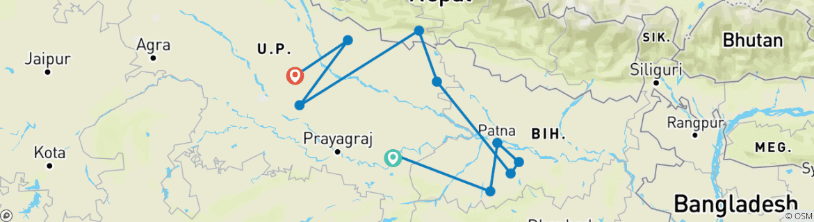 Image of a map showing the route of the tour