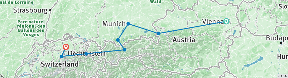 Image of a map showing the route of the tour