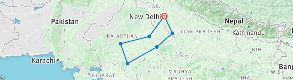Image of a map showing the route of the tour