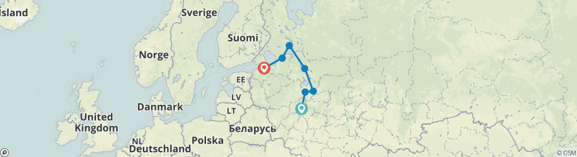 Image of a map showing the route of the tour