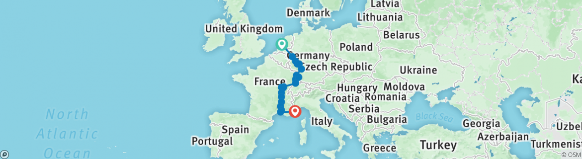 Image of a map showing the route of the tour