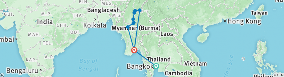 Image of a map showing the route of the tour
