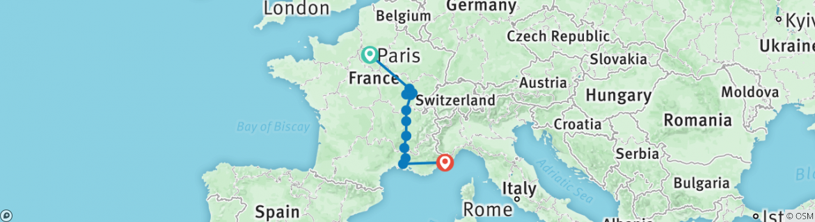 Image of a map showing the route of the tour