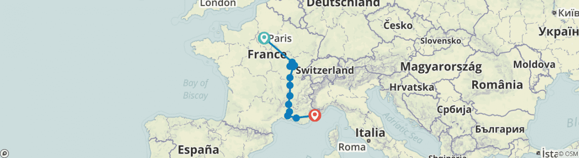 Image of a map showing the route of the tour