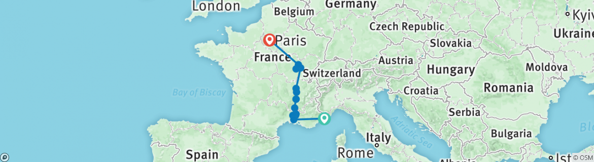 Image of a map showing the route of the tour