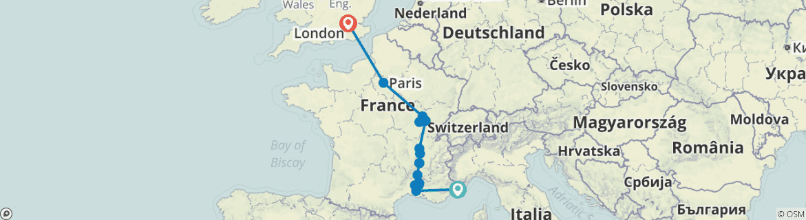 Image of a map showing the route of the tour