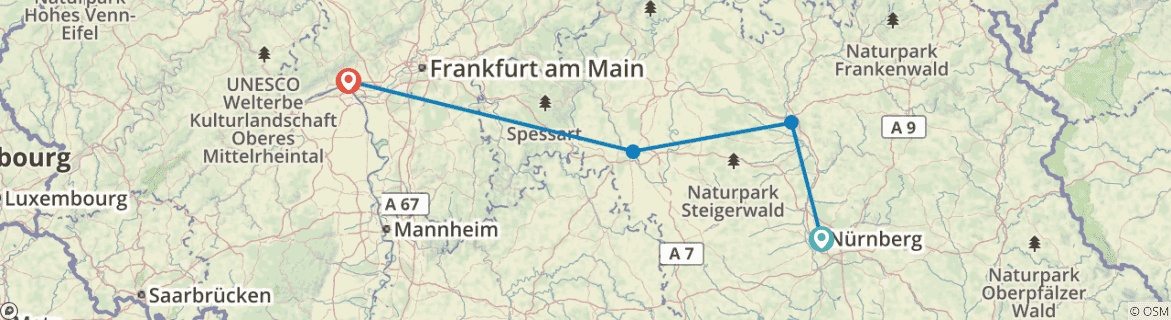 Image of a map showing the route of the tour