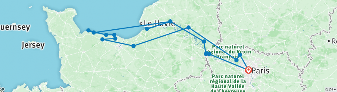 Image of a map showing the route of the tour