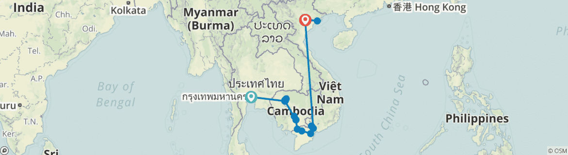 Image of a map showing the route of the tour