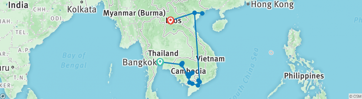 Image of a map showing the route of the tour