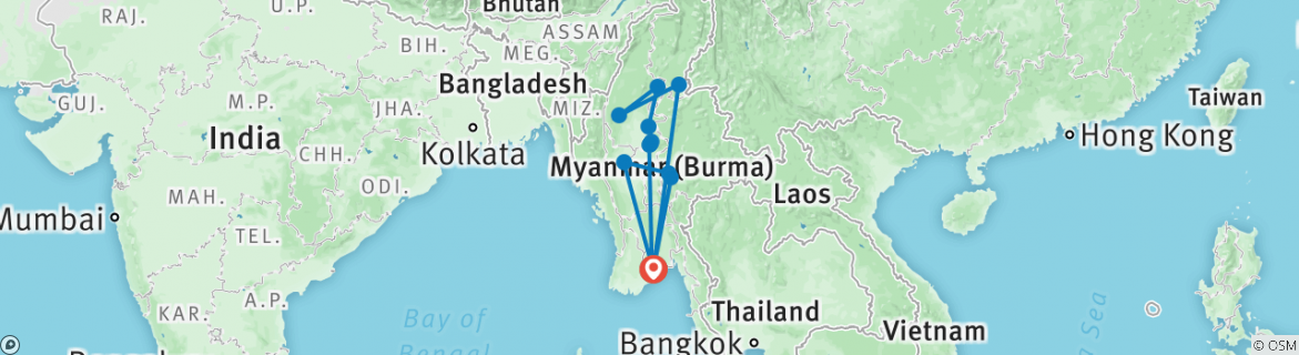 Image of a map showing the route of the tour
