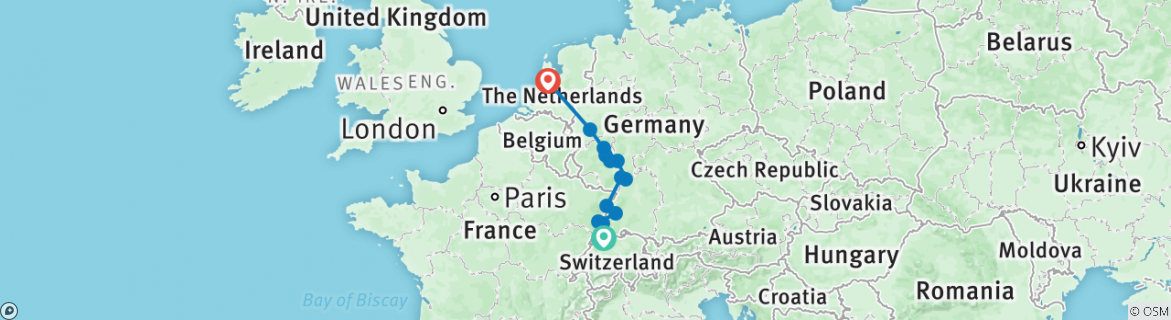 Image of a map showing the route of the tour