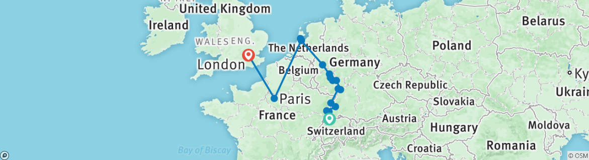 Image of a map showing the route of the tour