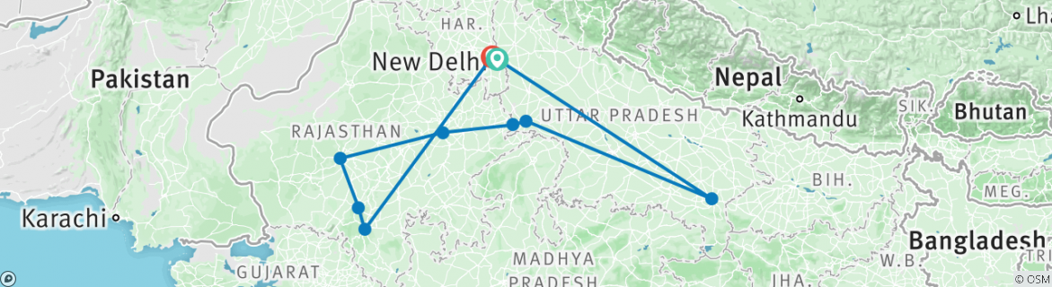 Image of a map showing the route of the tour