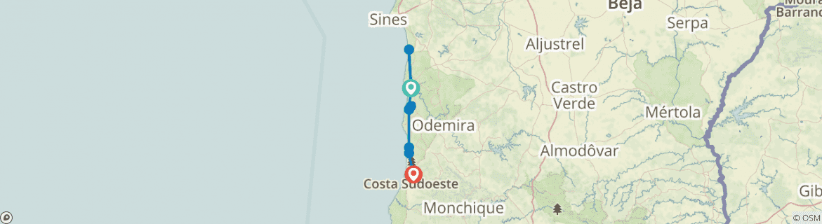 Image of a map showing the route of the tour