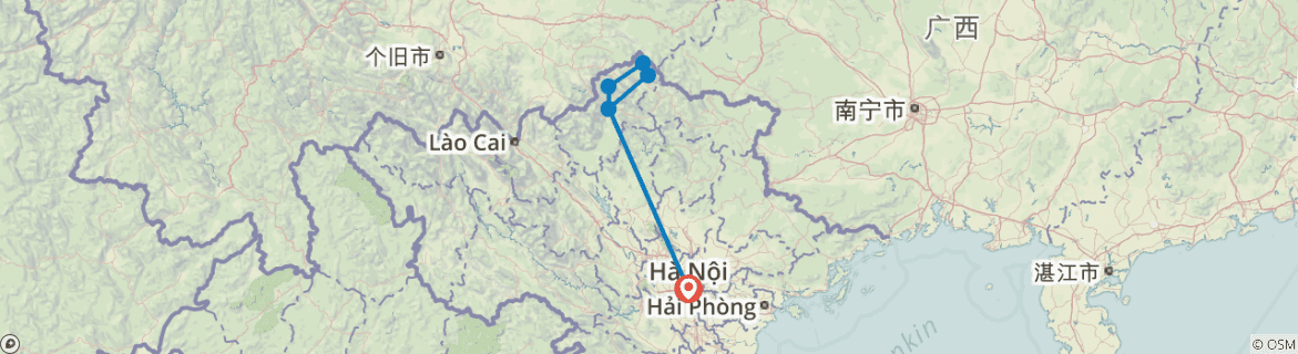 Image of a map showing the route of the tour
