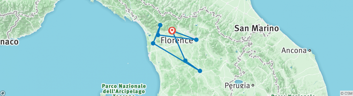 Image of a map showing the route of the tour