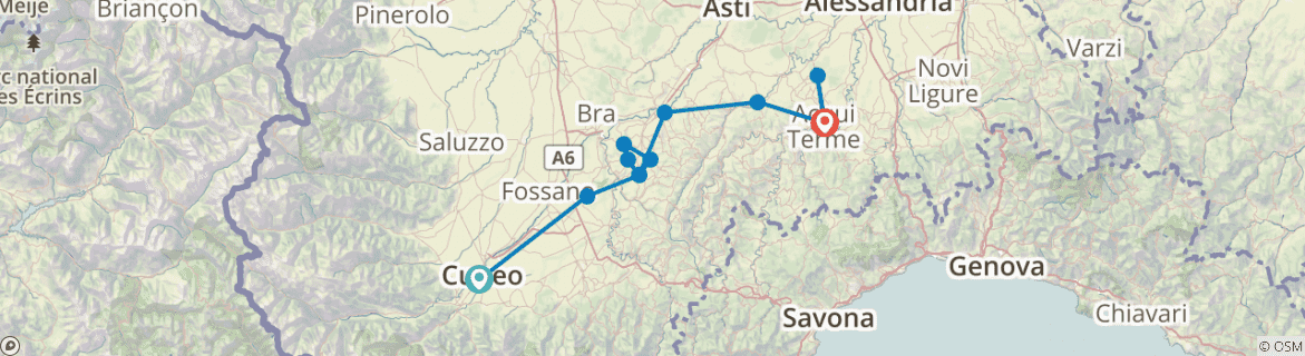 Image of a map showing the route of the tour