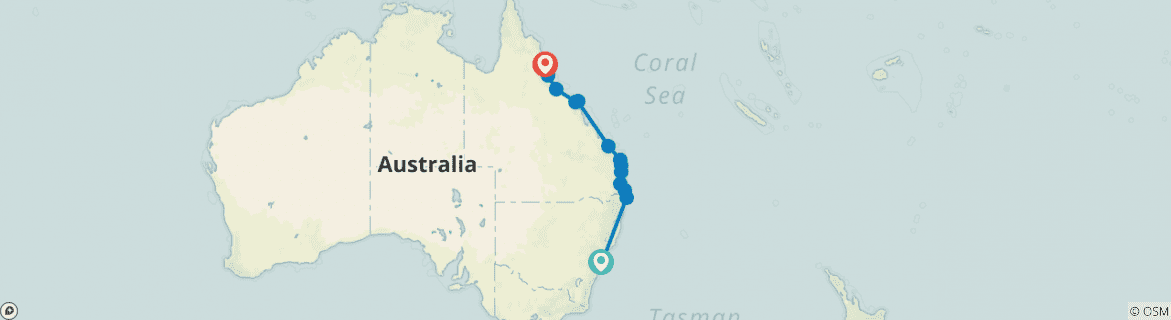 Image of a map showing the route of the tour