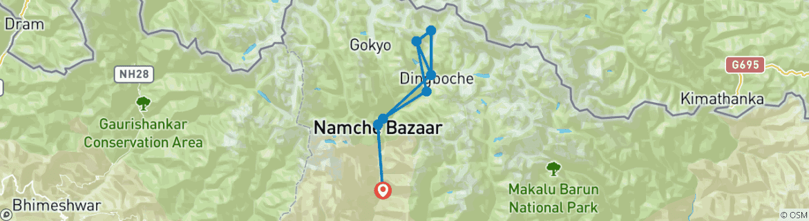 Image of a map showing the route of the tour