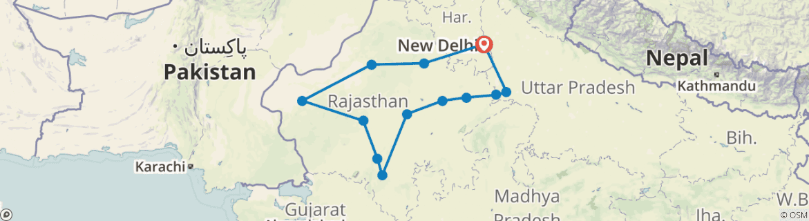 Image of a map showing the route of the tour