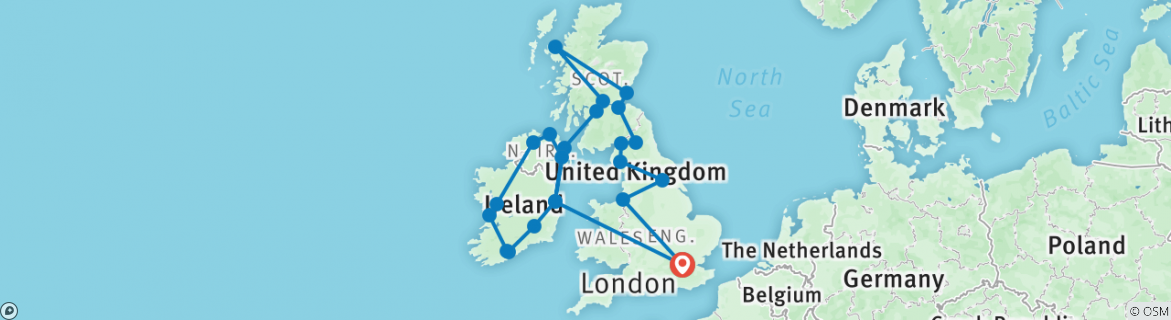 Image of a map showing the route of the tour
