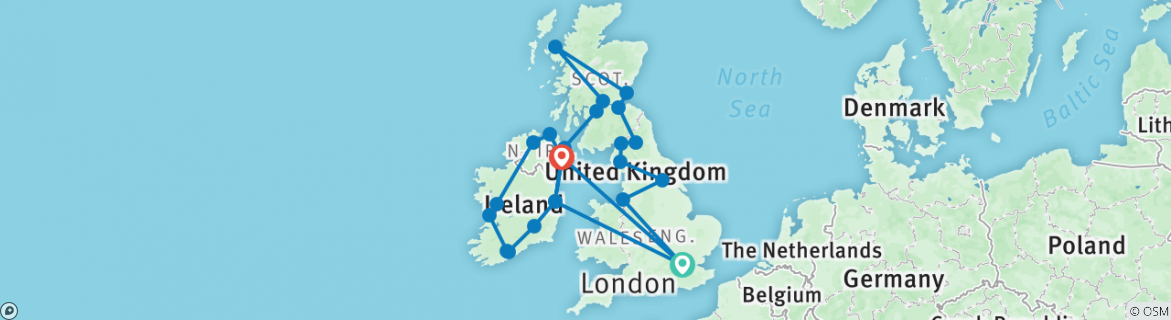 Image of a map showing the route of the tour