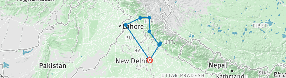 Image of a map showing the route of the tour