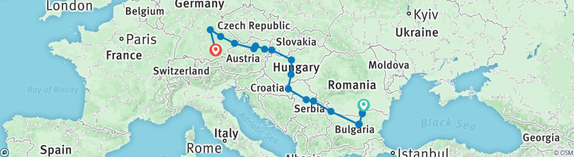 Image of a map showing the route of the tour