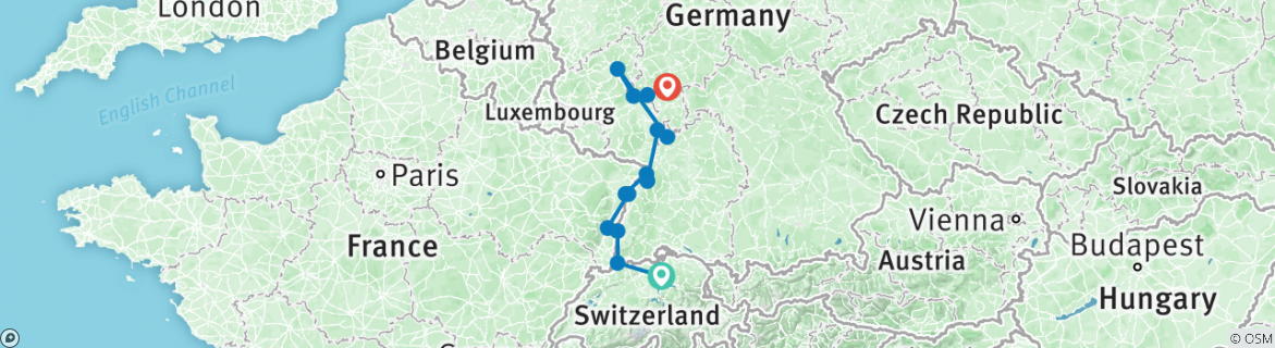 Image of a map showing the route of the tour