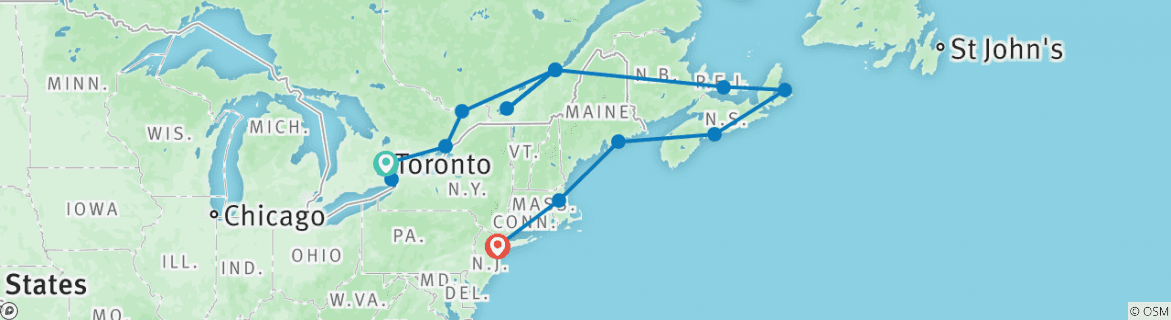Image of a map showing the route of the tour