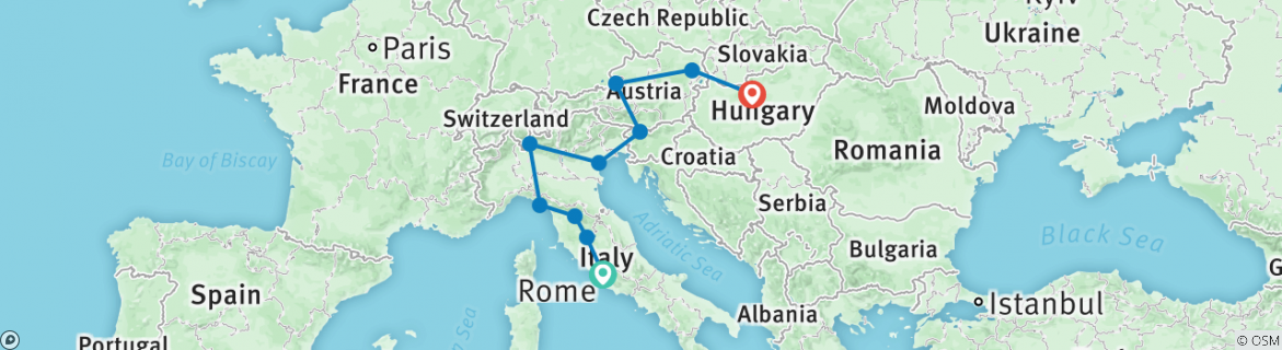 Image of a map showing the route of the tour