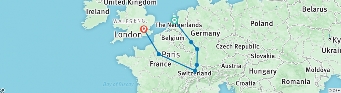Image of a map showing the route of the tour