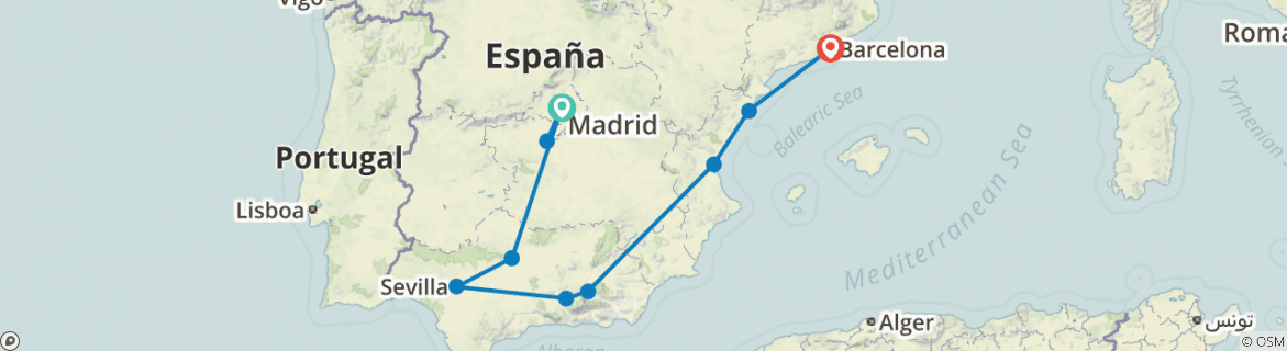 Image of a map showing the route of the tour