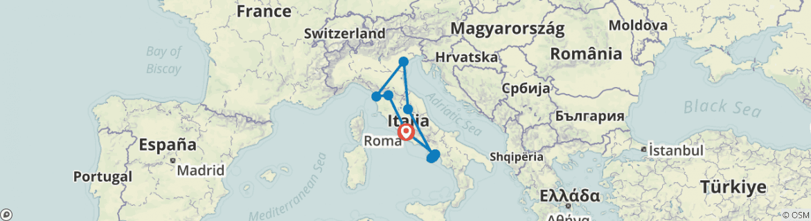 Image of a map showing the route of the tour