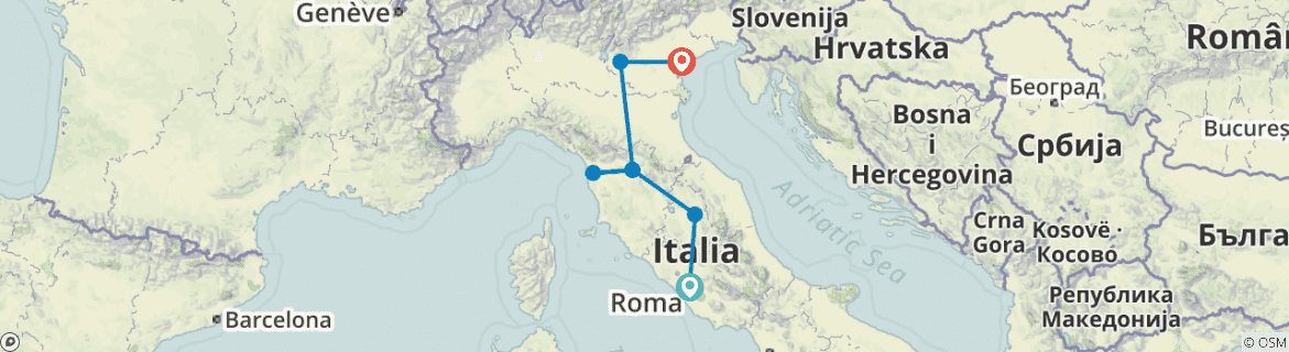 Image of a map showing the route of the tour