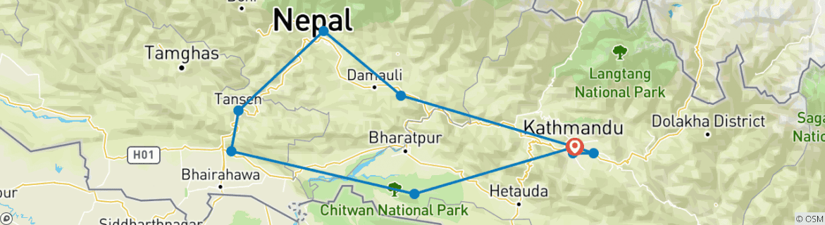 Image of a map showing the route of the tour