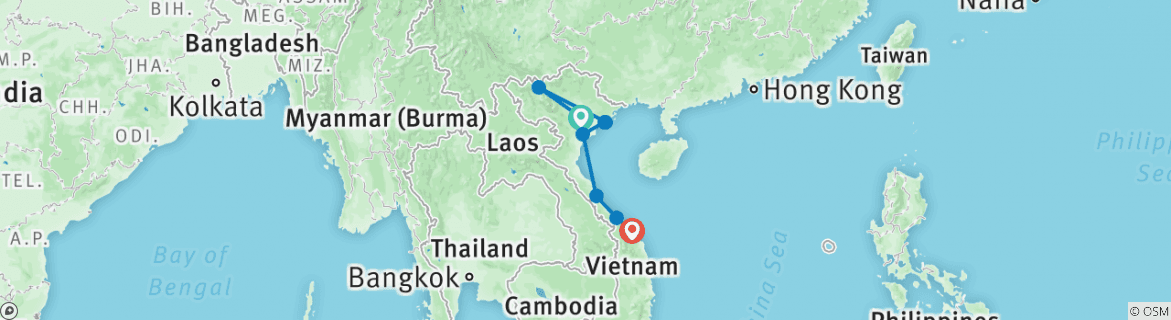 Image of a map showing the route of the tour